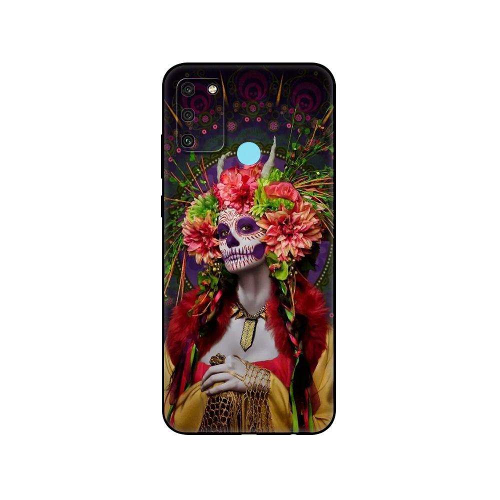 Black Tpu Case For Huawei Honor 8a 8s Prime 9 Lite Honor 9A 9C 9X Premium 9x Pro 9S Case Catrina Beautiful Rose Girl Skull Art
