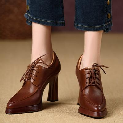 Женские туфли на высоком каблуке, весенняя новинка, с острым носком, с глубоким вырезом, на шнуровке спереди, на толстой подошве, противоскользящие, износостойкие, одинарные туфли