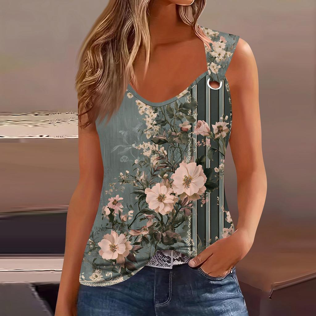 Womens Tank Top V Neck Basic Printed Casual Flowy Sleeveless Deep Side Cut Tops For Women