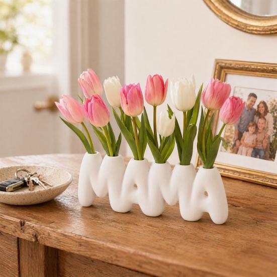 Huaqianguhh 3D-печатная ваза с буквами MAMA, Креативная подставка для цветов ко Дню матери с множеством отверстий для вставки, Минималистичный белый настольный декор для