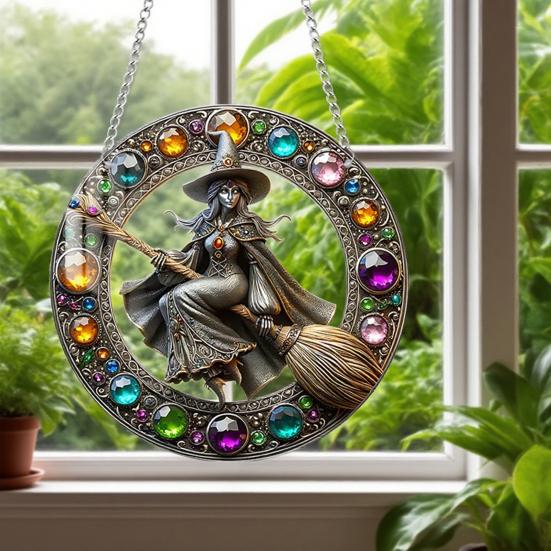 Halloween Witch Flying Broom Suncatcher Faux Crystal Magic Witch Wall Art Decor Acrylic Stained Glass Window Hanging Sun Catcher for Home Decor