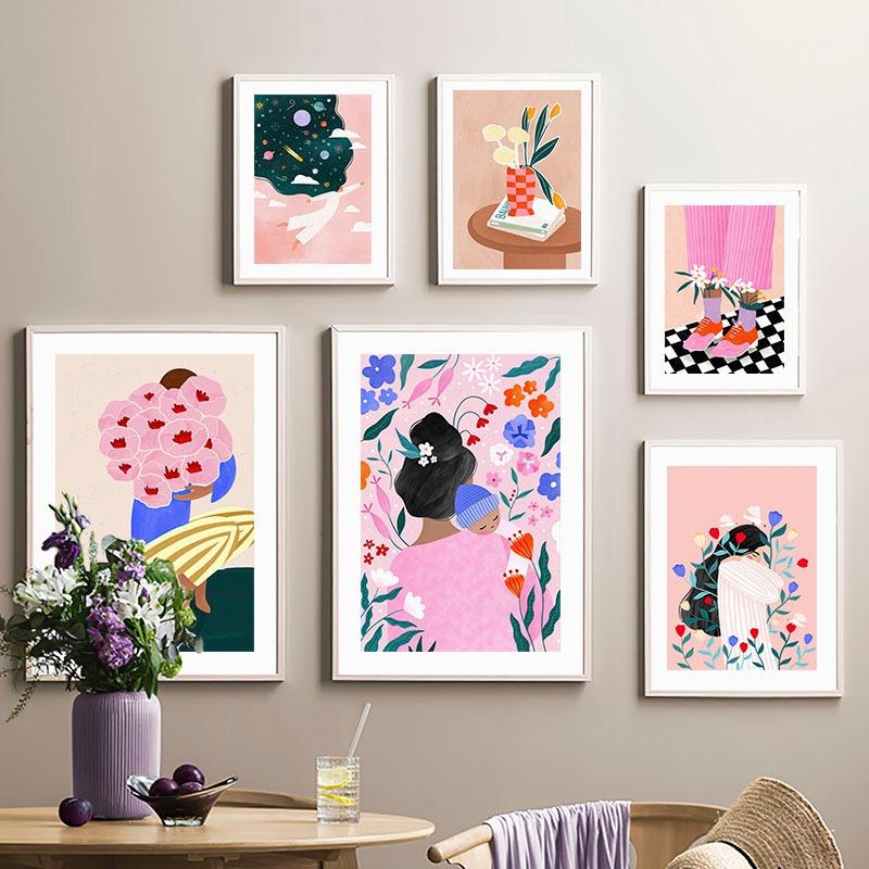 Бохо Мода Девушка Ваза с цветами Иллюстрация Настенное искусство Холст Живопись Абстрактный Постер и Принты Картины для Декора Гостиной