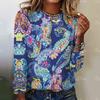 2024 New Women's Peacock Feather Print Long Sleeve T-Shirt Fashion Cotton T-Shirt Tops Women's Round Neck All-match T-Shirt