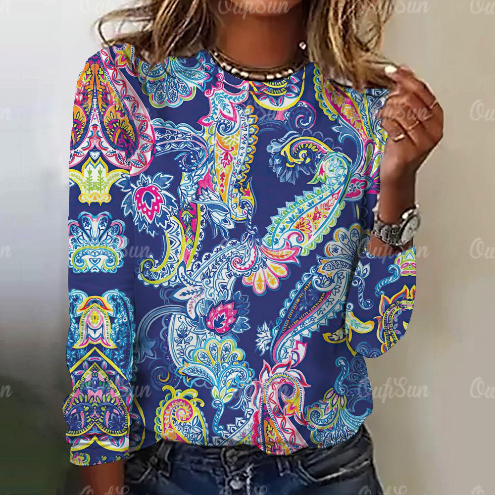 2024 New Women's Peacock Feather Print Long Sleeve T-Shirt Fashion Cotton T-Shirt Tops Women's Round Neck All-match T-Shirt