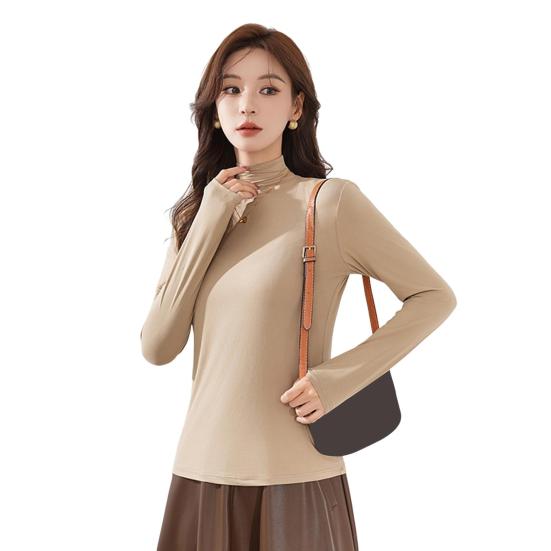 Women Bottoming Tops Half High Collar Long Sleeve Solid Color Slim Fit