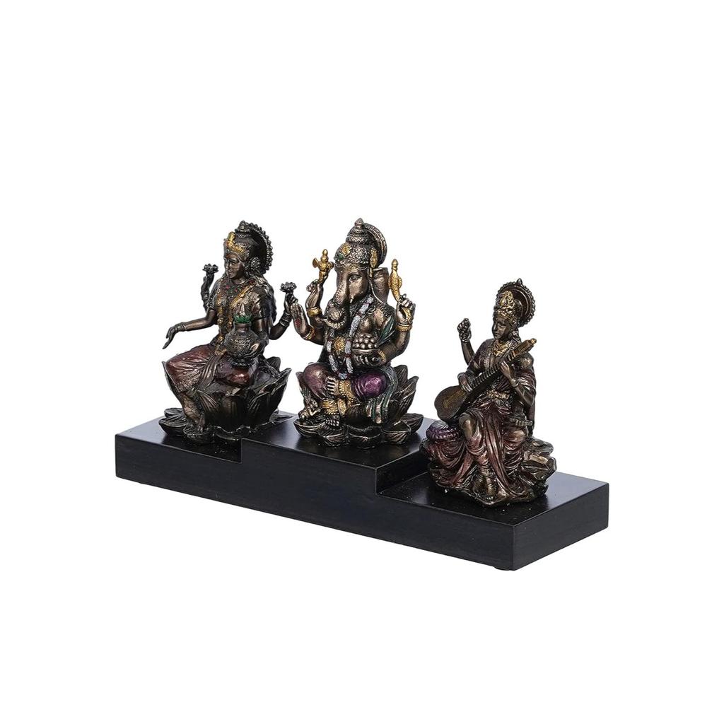 NEW Ganesha Laxmi Saraswari On Base Cold Cast Bronze Resin Decorative Figurine, Brown,