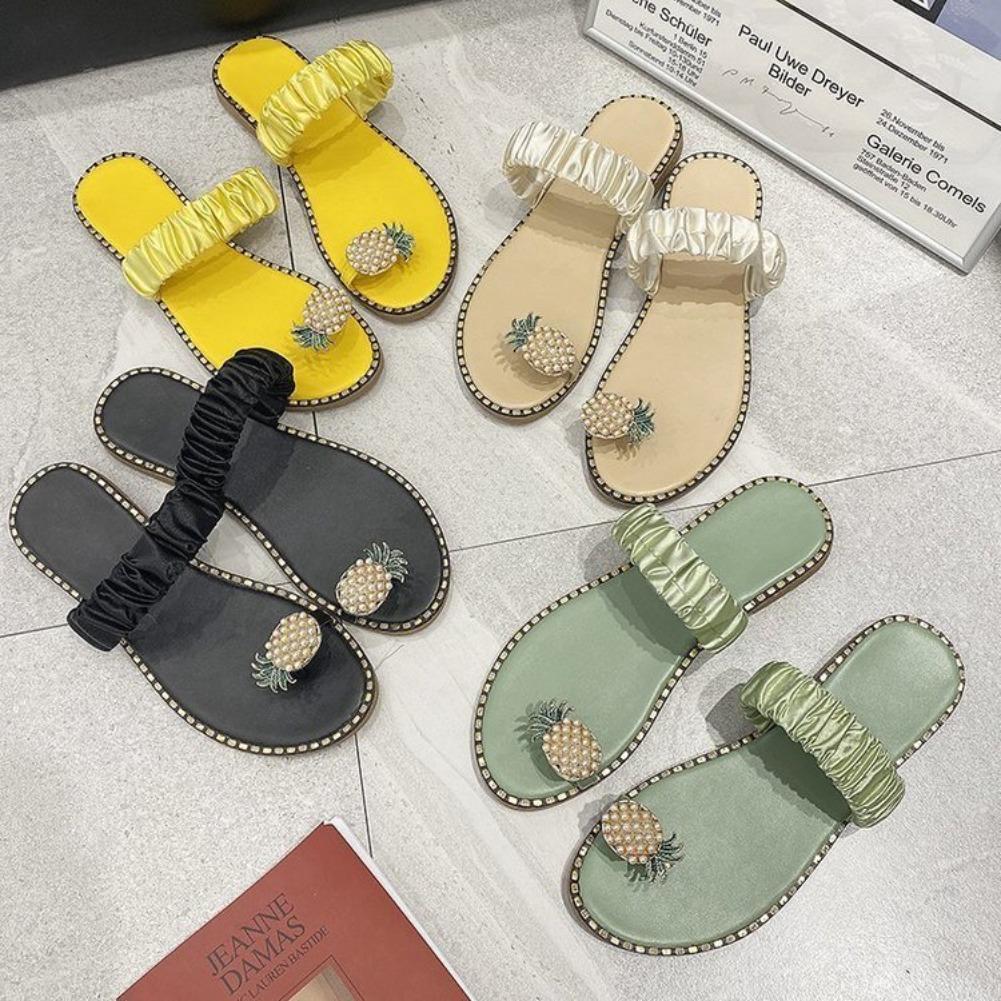 Мода 2025 Нескользящие тапочки Ананасовое кружево Пляжная обувь ГОРЯЧИЕ Сандалии большого размера Женские сандалии с пальцем Сандалии с водными стразами на плоской подошве