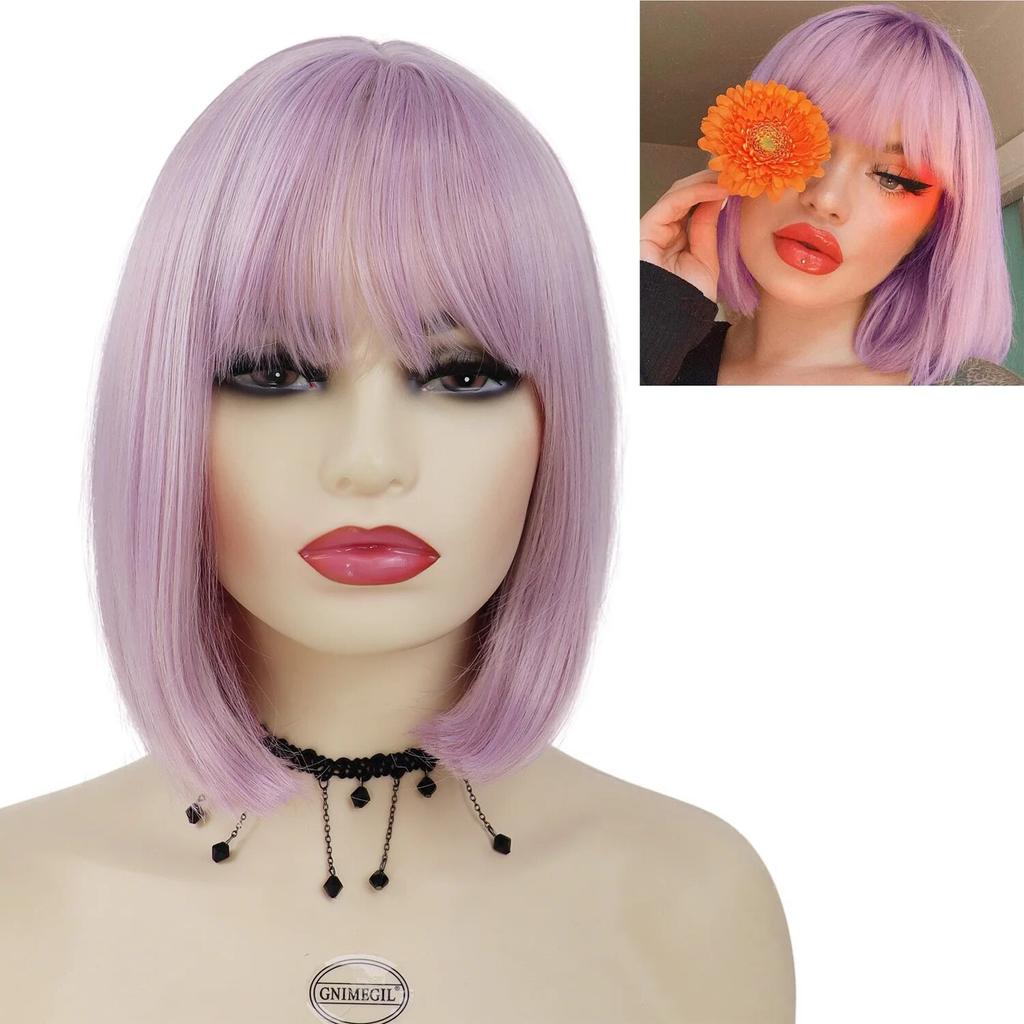 Короткий парик Боб Синтетические шелковистые прямые волосы с челкой для белых женщин Косплей Лолита Натуральный красивый розовый парик