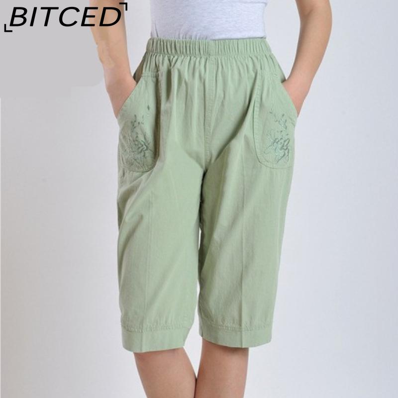 BITCED Летние женские брюки прямого кроя с эластичной талией, для женщин среднего и пожилого возраста, с высокой посадкой, из стираного хлопка, укороченные брюки больших размеров