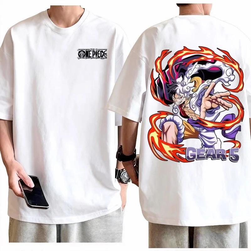Футболка мужская One Piece Луффи Gear 5 Ника Хлопок Аниме Графический принт Круглый вырез Короткий рукав Модный Повседневный Ежедневный Топ