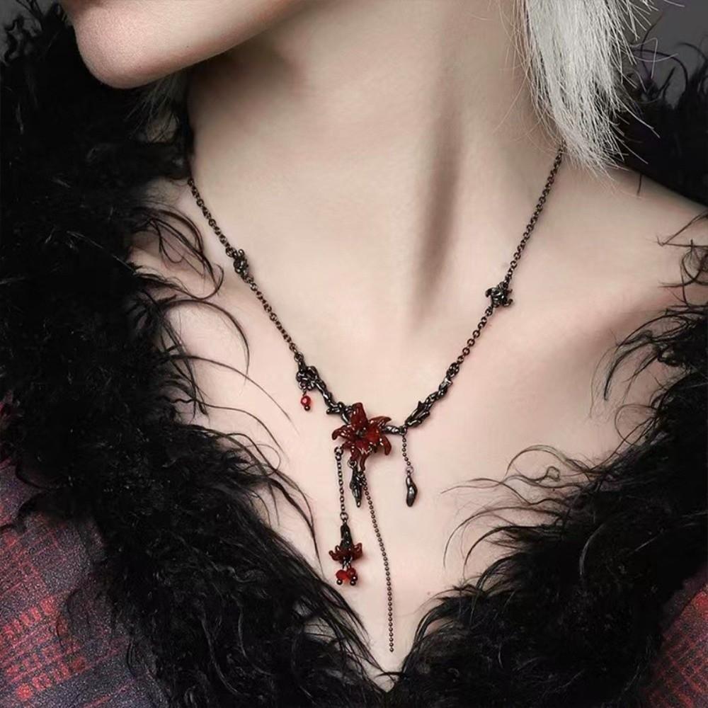 Dark Red Mandala Flower Jewelry Punk Style Necklace Retro Earring Women Accessories