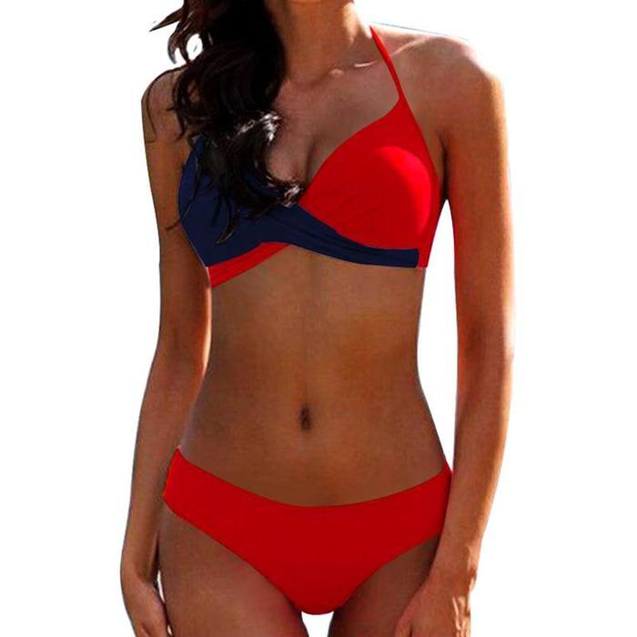 Women Sexy Narrow Necked Push Ups Split Swimsuit Summer V-neck Color Block Splicing Bikini Beach Suit
