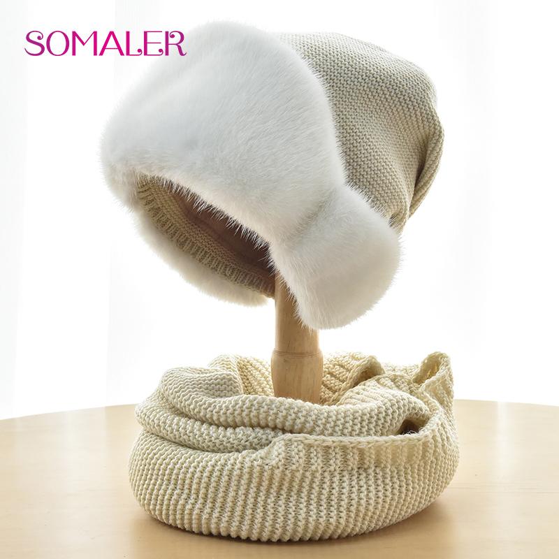 SOMALER Зимняя вязаная шапка с полями из цельного натурального норкового меха, женская шерстяная шапка, комплект с шарфом, теплая вязаная шапка