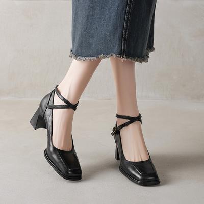 Мода 2025 Новые Весенние Туфли из Натуральной Кожи Повседневный Стиль Квадратный Носок Высокий Каблук Туфли-Лодочки Ремешок с Пряжкой Женская Обувь Модная Женская Обувь
