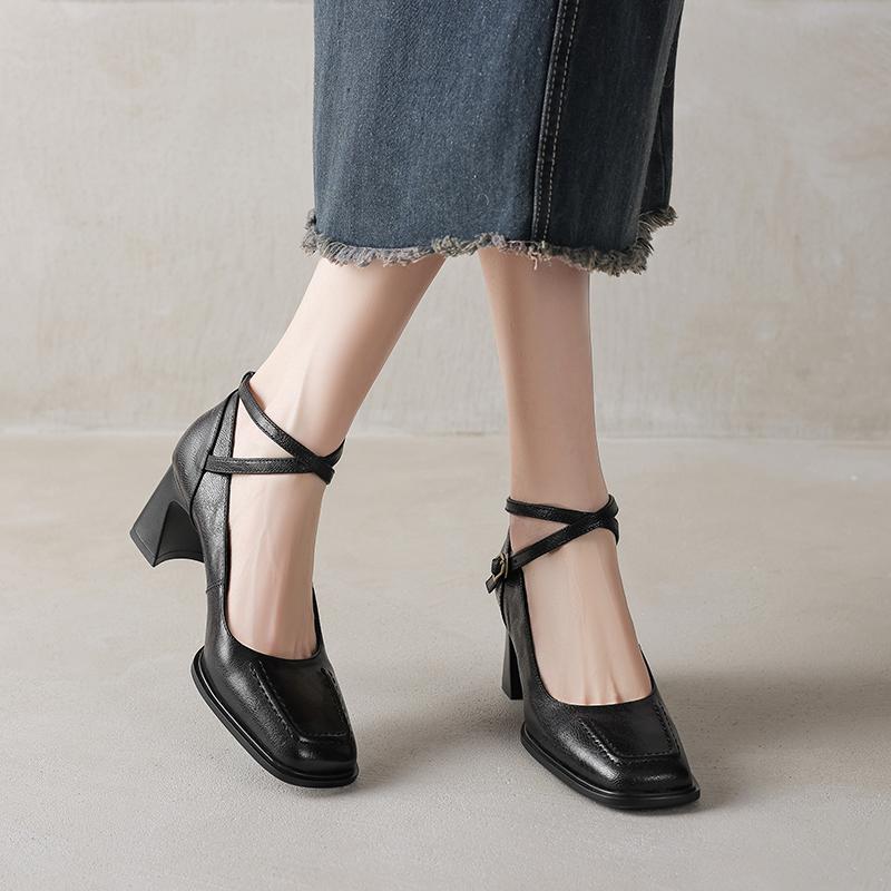 Мода 2025 Новые Весенние Туфли из Натуральной Кожи Повседневный Стиль Квадратный Носок Высокий Каблук Туфли-Лодочки Ремешок с Пряжкой Женская Обувь Модная Женская Обувь