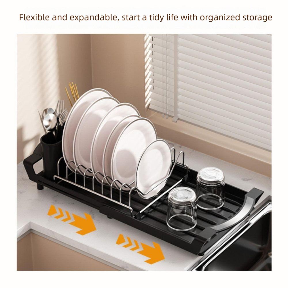 Extendable Dish Drying Rack Space Saving Large Capacity Draining Tray Hollow Design Dinnerware Organizer Utensil Storage Holder