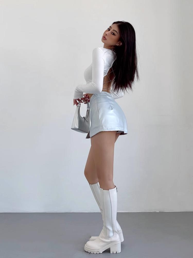 Silver PU Leather Skirt Women Y2k Sexy Slim Female Clothing Gothic V High Waist Slit Casual Short Skirts Streetwear