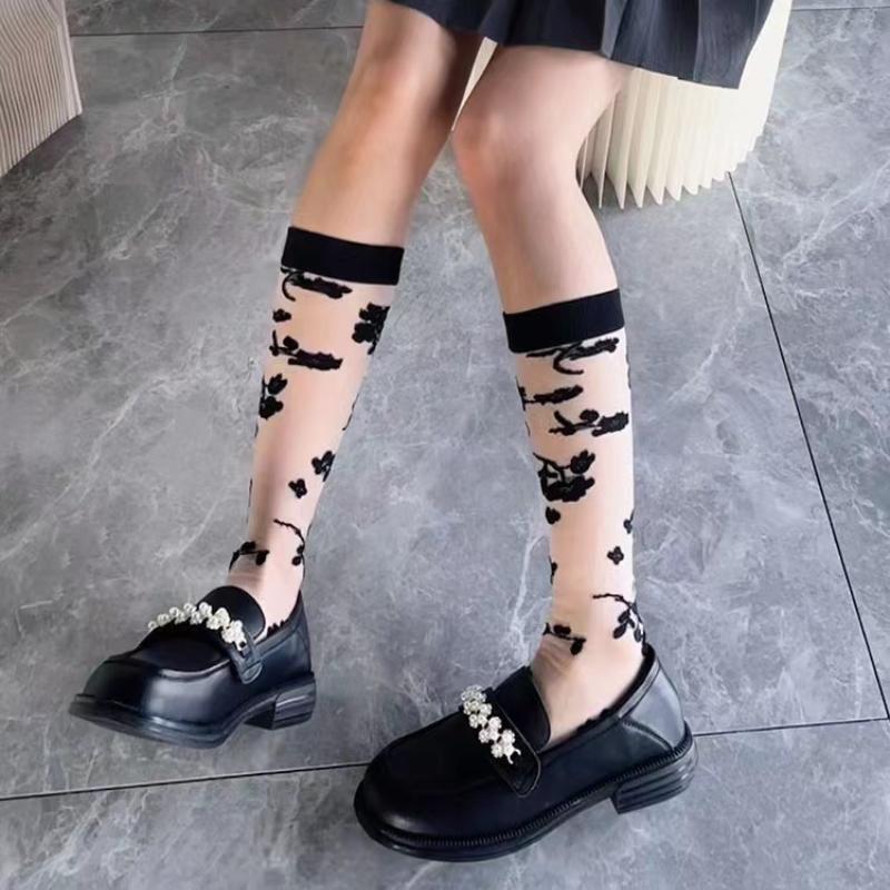 Summer Ultra-thin Transparent Nylon Long Socks Stockings Japanese Fashion Flower Knee Socks Vintage Crystal Silk Socks Stockings