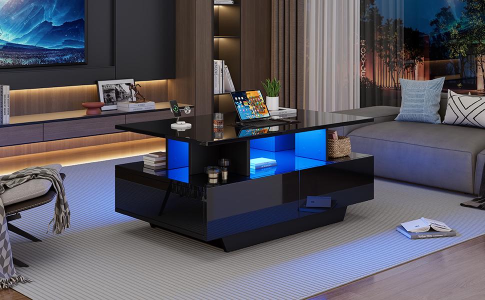 Modern High-Gloss Coffee Table with LED Lighting and 2 Drawers – Stylish 90x55x41 cm Side Table with Storage, Load Capacity up to 30 kg