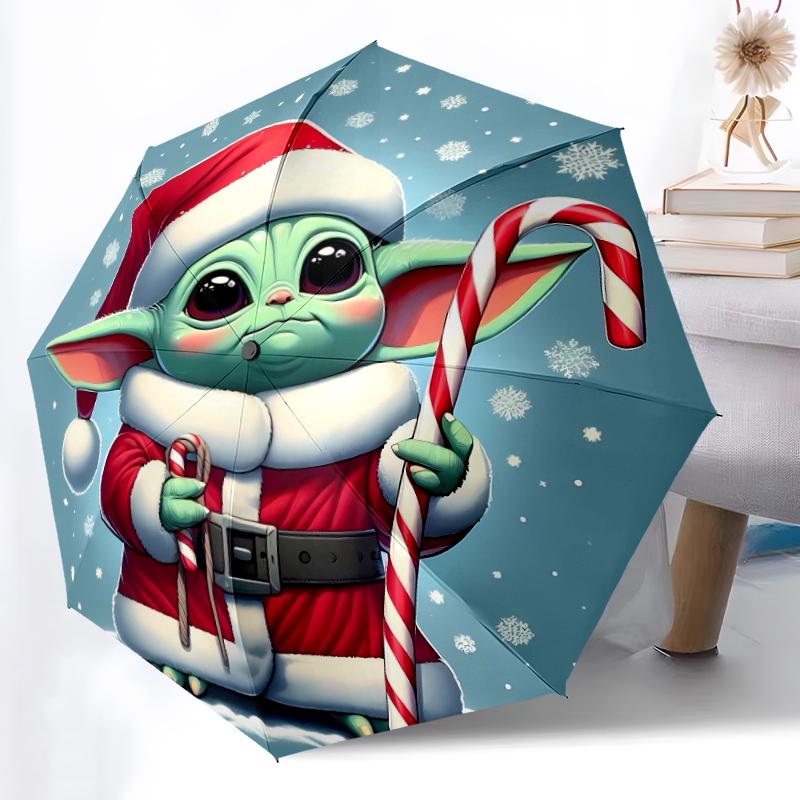 1pc Sturdy 8-Bone Auto Umbrella, Yoda Green Clouds Floral Umbrella, Digital Printed, Foldable Umbrella for On-the-Go Outdoor Use