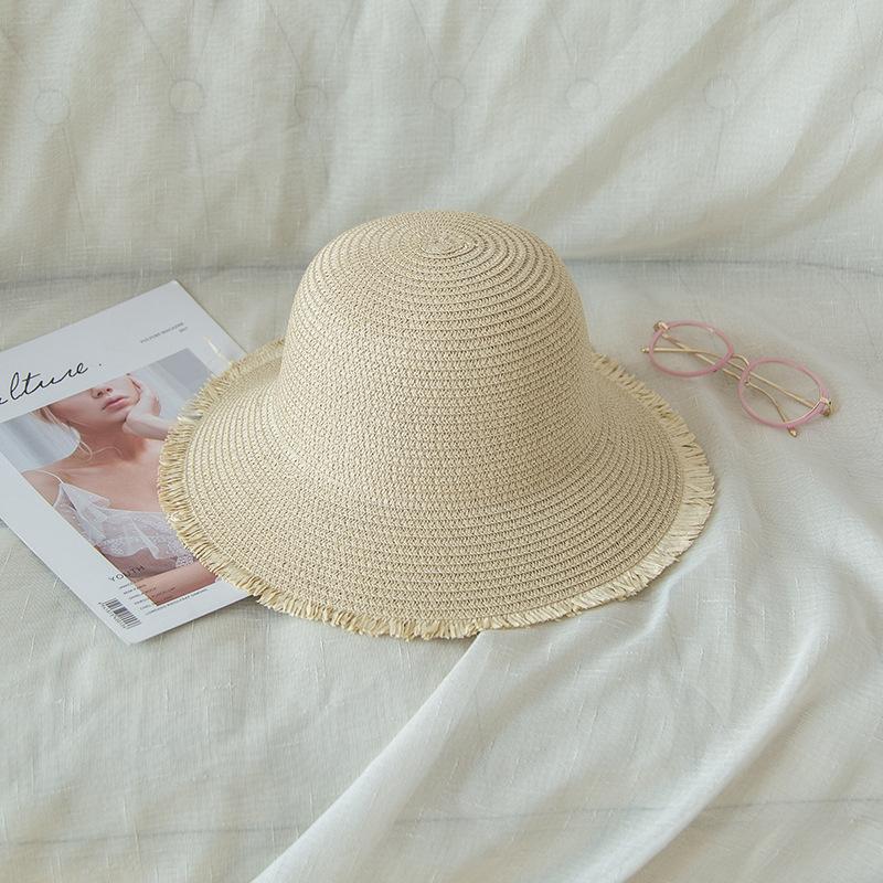 Women's Summer Flat Top Straw Hat , Wide Brim Sun Protection Beach Fisherman Hat, Breathable Hand-Woven For Seaside Photography