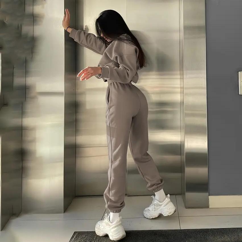 Женский однотонный костюм с длинным рукавом и круглым вырезом, осенне-зимний свободный верх, широкие брюки