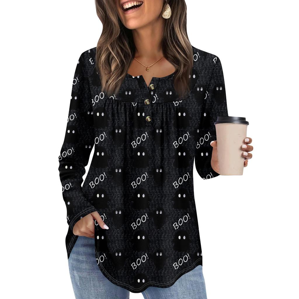 Женская туника с длинным рукавом, свободные топы, повседневные топы оверсайз, плиссированная туника, застегивающаяся на пуговицы, повседневные женские топы с принтом