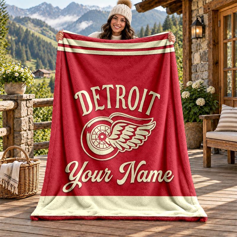 Detroit Red Wings Custom Name Flannel Blanket Personalized Soft Warm Plush Throw Blanket Customized Gift for Family Friends