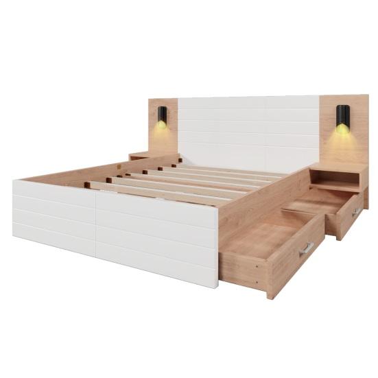 Teen Bed 180x200cm Double with 2 Drawers Bedside Cabinets Reading Light USB Youth Charging Function Headboard Strong Wood Slat Support Bedroom