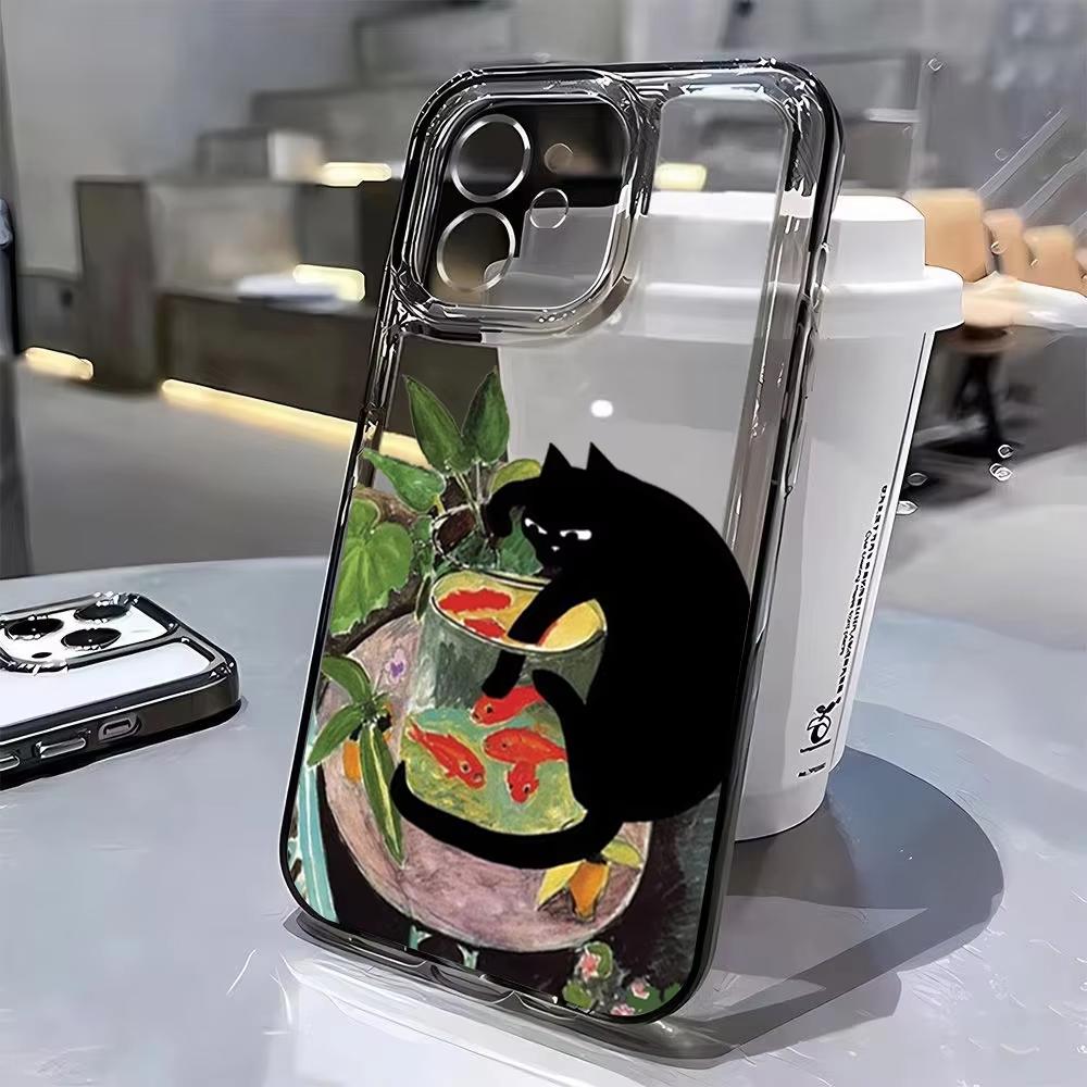 Cute Black Cat Wine Bottle Print Phone Case for iPhone 17 16 15 14 13 12 11 16E Series Pro Max Plus Double Layer Protection