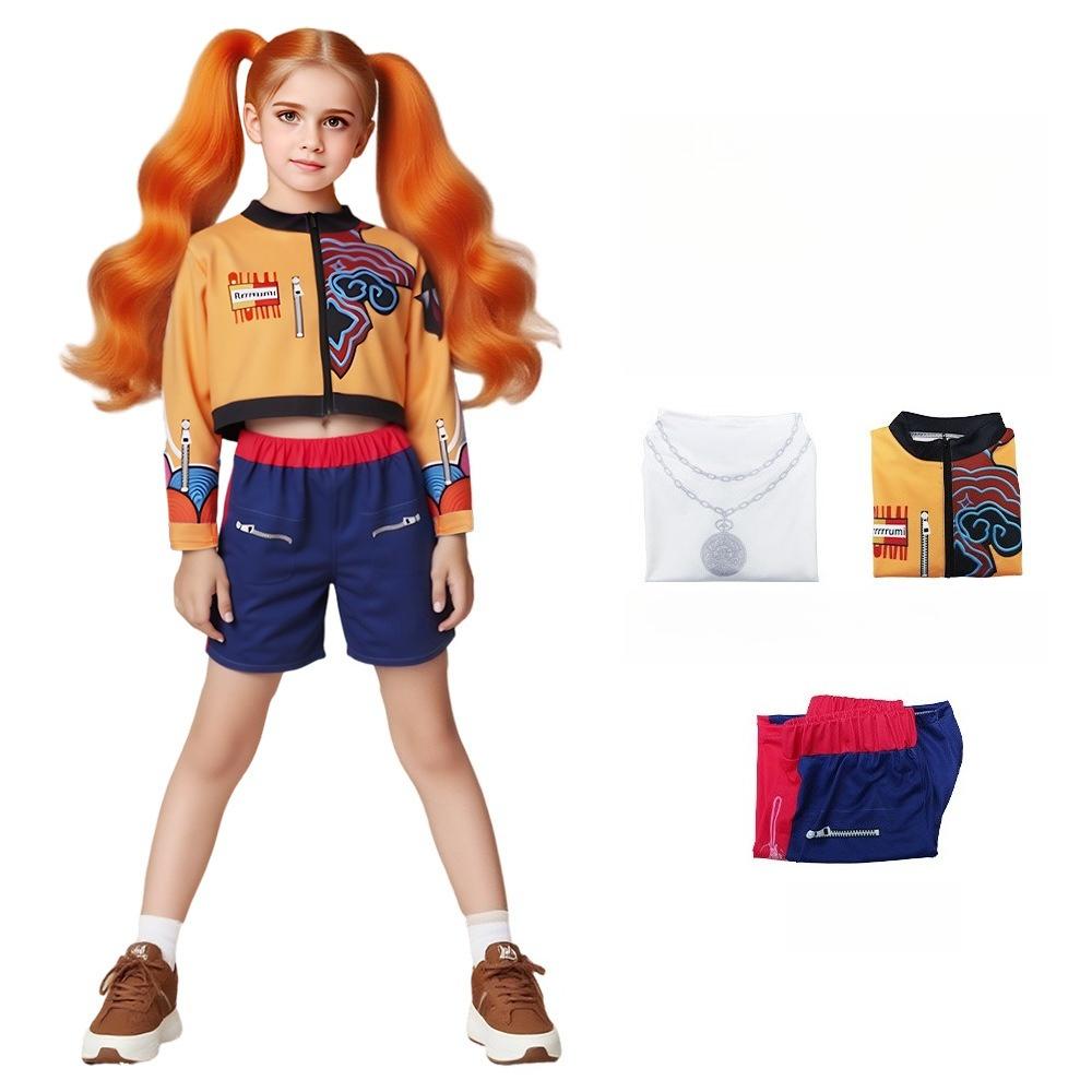 3 шт./компл. Костюм для косплея Руми, ведущей вокалистки, с желтым принтом, для девочек, для детской вечеринки, сценического выступления, куртка, жилет, шорты