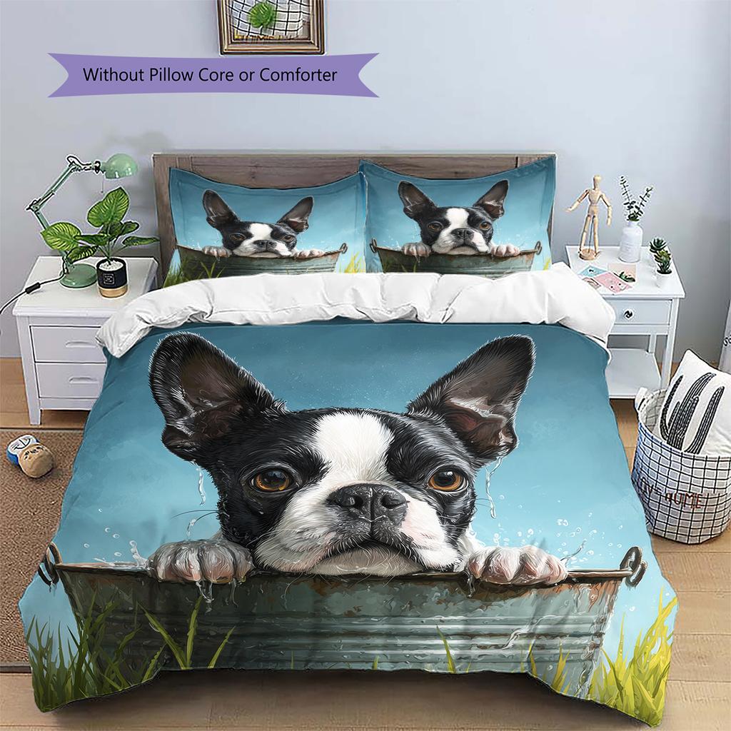 Постельное белье с рисунком Бостон-терьер Домашний декор Подарок на день рождения (1 пододеяльник + 2 наволочки, без наполнителя)