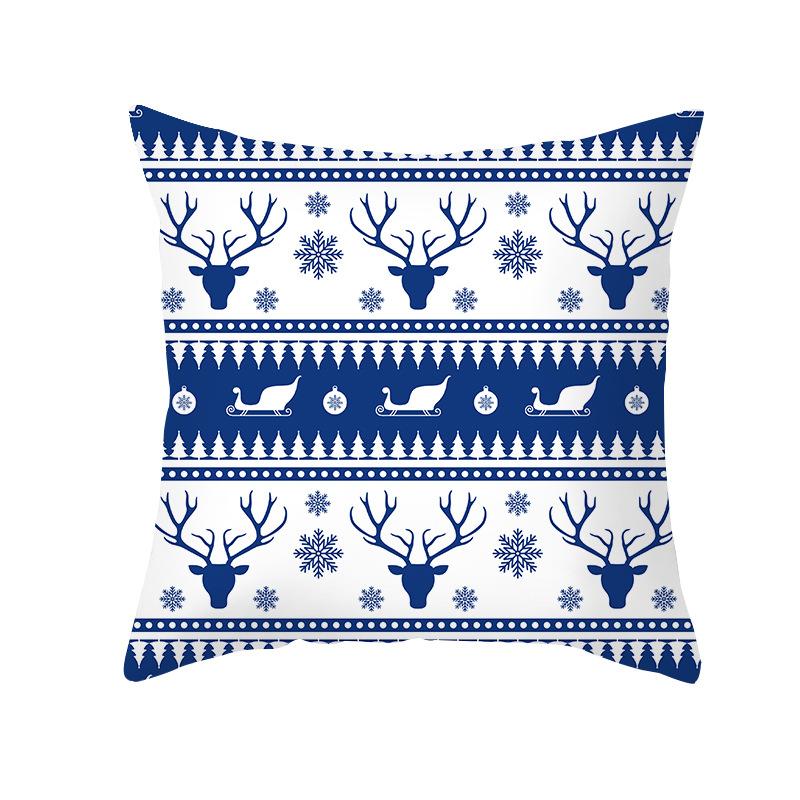 Blue Christmas Cushion Cover Merry  Elk Snowflake Print Pillowcase Sofa Ornament Home Decoration New Year Gift 45x45cm