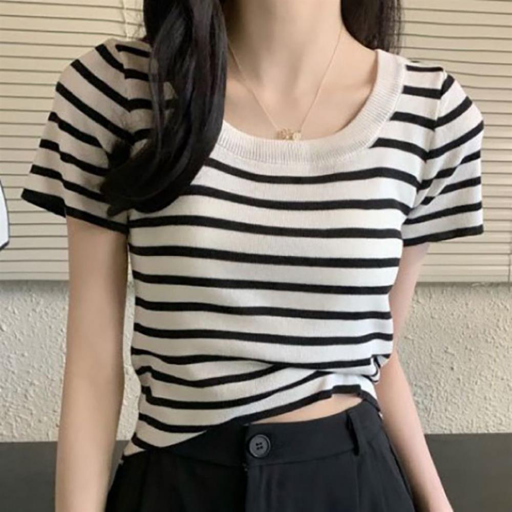 New ArrivalS Open RUn Women S STripe U Neck Ribbed Semi Crop T ShirT