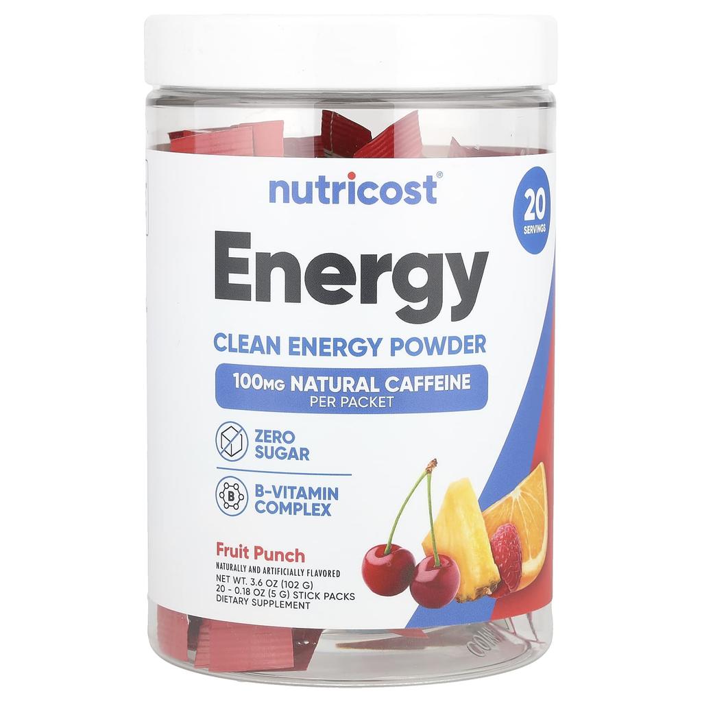 Nutricost Energy, Clean Energy Powder, Fruit Punch, 20 Stick Packs, 5 G (0.18 Oz) Each