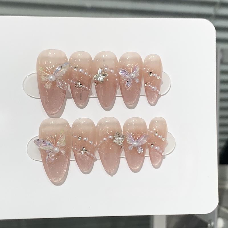 10Pcs Nude Cat Eye Short Almond Fake Nails with Glue Wearable Handmade Nail False Butterfly Diamond Design Press on Nail Tip Art