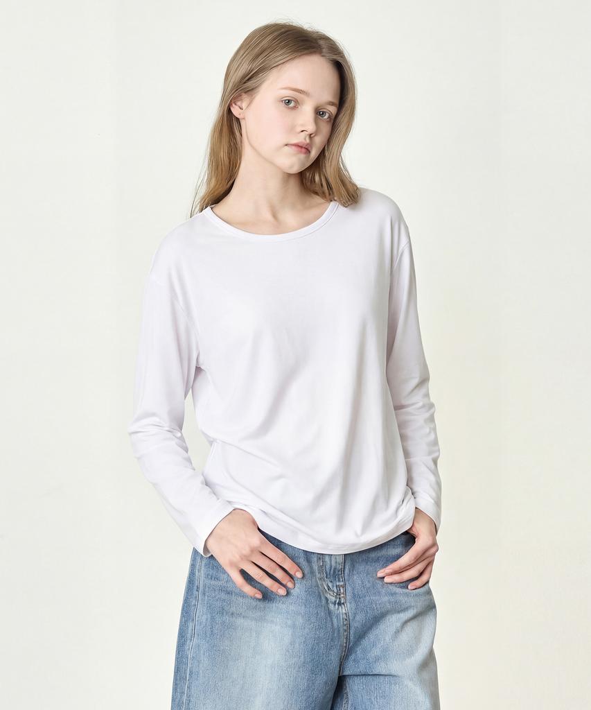 BASIC HOUSE Women'S Flowy Spandex U-Neck Oversized Long Sleeve T-Shirt White