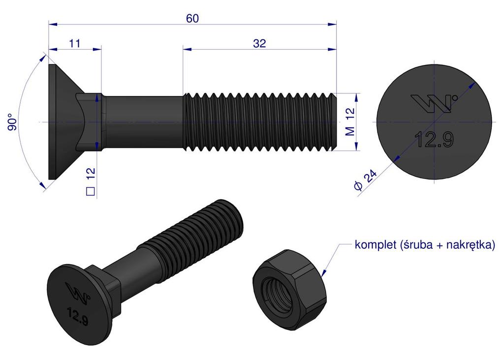 Śruba Kpl. Płużna Podsadzana D 608 M12X60 Mm Kl.12.9 Waryński ( Sprzedawane Po 25 )