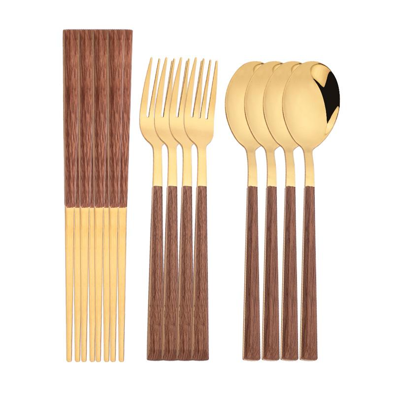 4/12/16Pcs Cutlery Set Chopsticks Knives Forks Spoons Tableware Set with Imitation Wooden Handle Korean Japanese Dinnerware Set