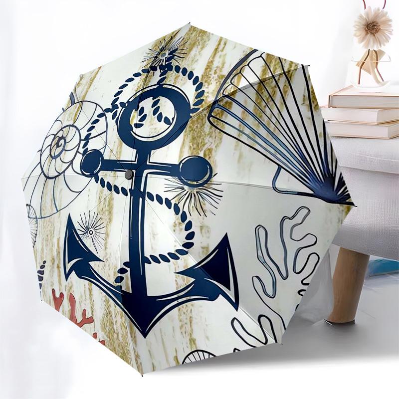 1pc Nautical Decor Anchor Seashells Umbrella with Plastic Handle,Compact & Stylish,Suitable for All Seasons ptys26061