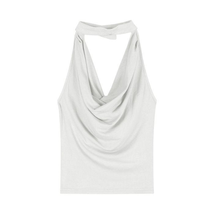 Хаки Топ-майка с открытой спиной, драпированным вырезом и завязками на шее - Женский летний топ без рукавов