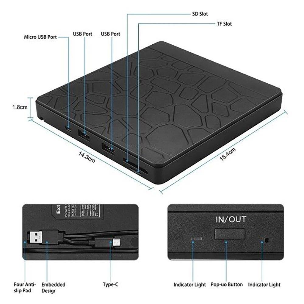 Внешний дисковод USB 3.0/Type-C, тонкий внешний DVD-RW, записывающее устройство для компакт-дисков, записывающее устройство, проигрыватель, оптические приводы со слотами SD/TF и USB3.0