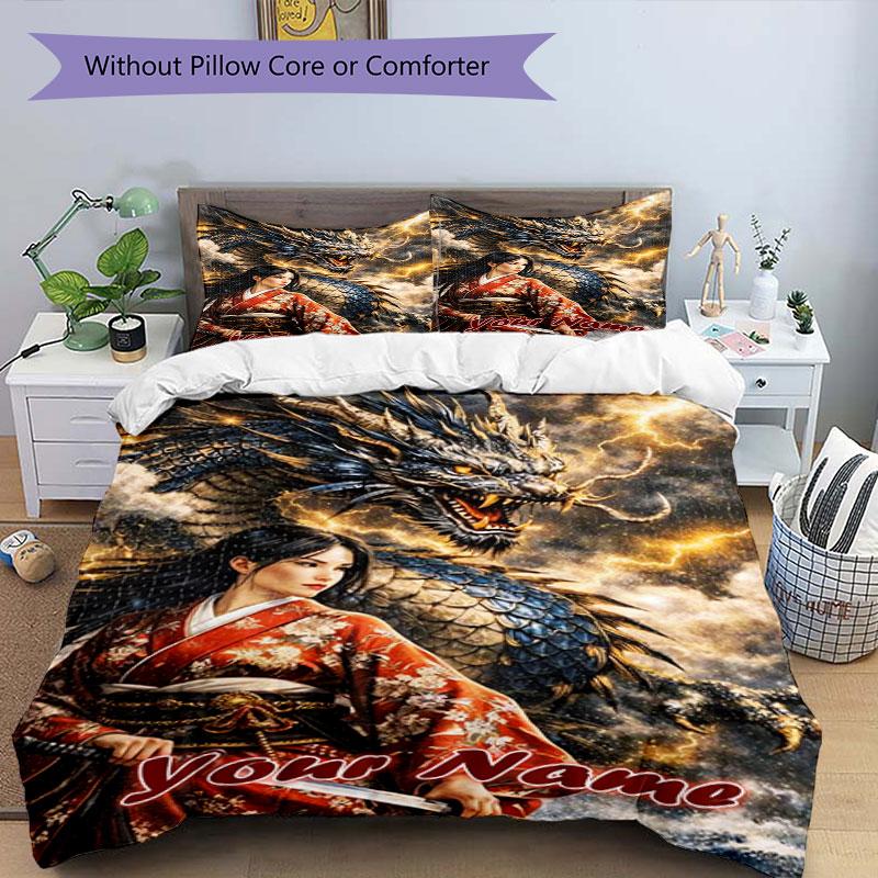 3pcs Custom Name Dragon Kimono Warrior Bedding Set Printed Bedding Set Duvet Cover Closure Includes 1 Duvet Cover & 2 Pillowcases Bedroom Decor