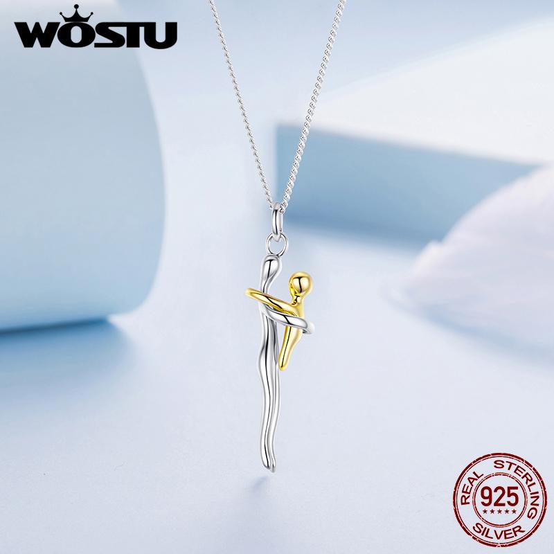WOSTU Настоящее Серебро 925 Пробы Подвеска-ожерелье Объятие Мама и Ребенок Серебряный Золотой Двухцветный Семейный Подарок Украшение для Мамы