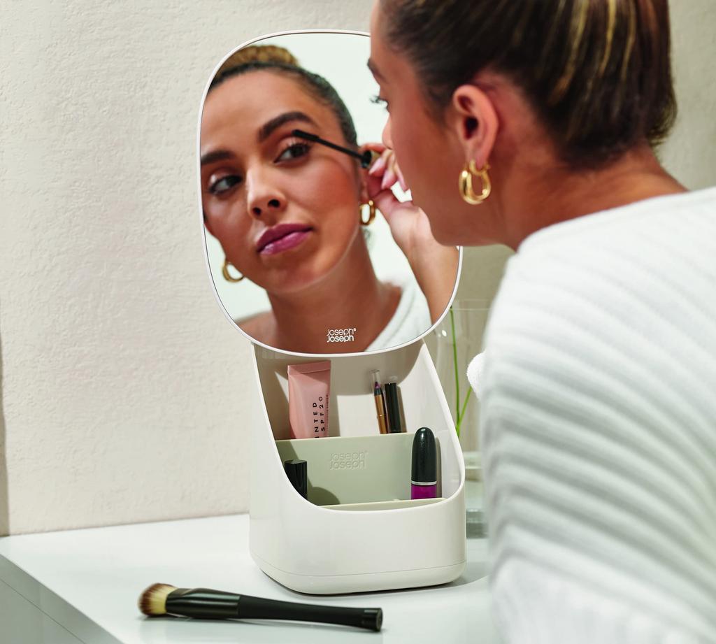 Joseph Joseph Viva Makeup Mirror with 3x Integrated Cosmetic Storage Adjustable Detachable Mini White Product 75001 Magnification, Case, 23x21cm,