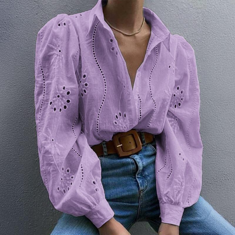 Elegant Loose Fashion Lace Women Shirt Casual Hollow Out Puff Long Sleeve Top Single-breasted Office Blouse Solid Sweet Simple Lapel Women's Clothing