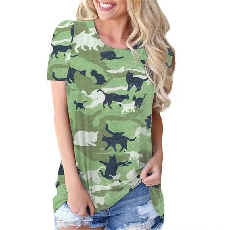 Женские камуфляжные футболки с принтом «Уличная женская кошачья футболка» с коротким рукавом, повседневные топы, летние женские футболки с круглым вырезом, спортивные футболки для тренировок