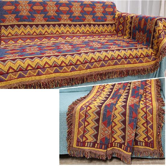 Blanket for Bed, Large Throw Blanket, Bohemia Yellow Geometric Pattern Jacquard Tassels Reversible Woven Throws for Sofas Couch Bed Decorative