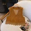 Women Lace Patchwork Suede Vest Casual Loose Fit Bohemian Cardigan
