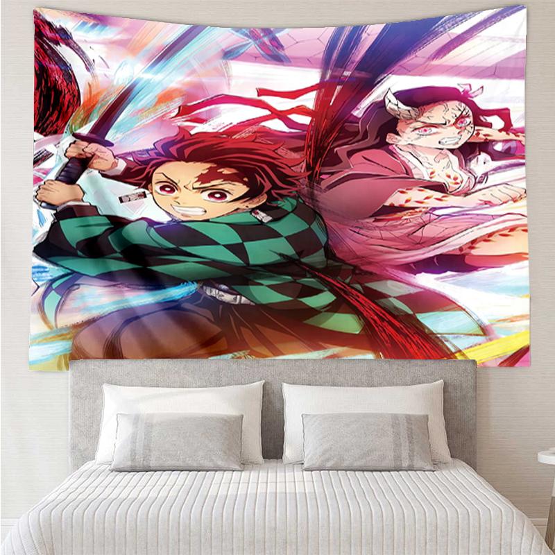 Demon-Slayer Print Tapestry, Backdrop, Easy Setup, Ideal for Bedroom, Office & Living Room, with Aesthetic Wall Hanging Decor.